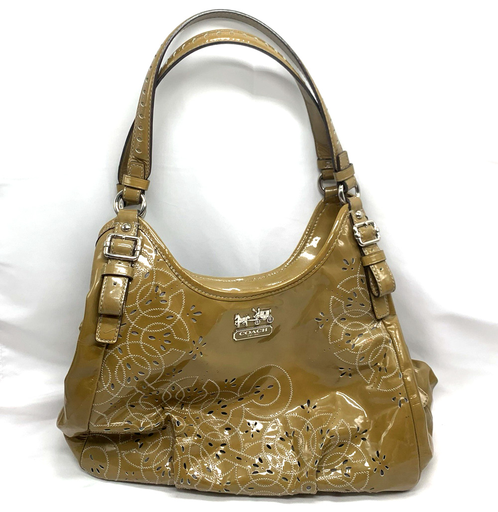 Coach Purse Shoulder Bag Hobo Madison Maggie Glossy Leather Laser-cut Floral